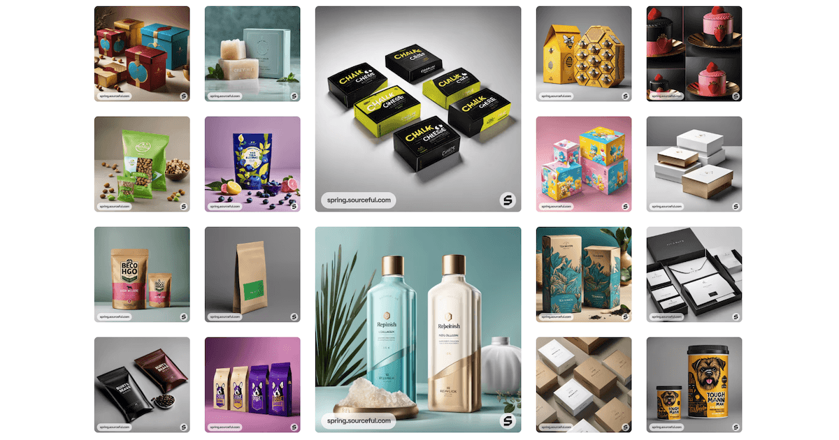 A vibrant collage of creative product packaging designs, showcasing diverse styles and formats, including eco-friendly boxes, colourful snack packaging, luxury skincare bottles, and gift boxes, highlighting the potential of AI in packaging innovation.